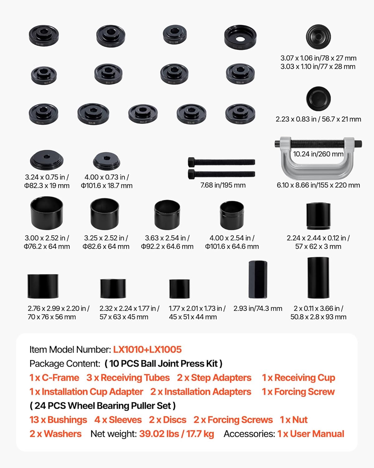 Kit Pressa per Cuscinetti, 10+24 Pezzi, Utensile per Boccole, Set per Piste e Guarnizioni con 13 Boccole, Telaio a C e Manicotti, Strumenti di Installazione e Rimozione con Custodia