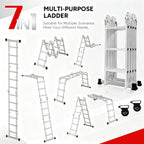 Scala multiuso 4x3, scala pieghevole in alluminio 7 in 1 con 2 ruote, scala multiuso per uso domestico a 12 gradini, portata massima